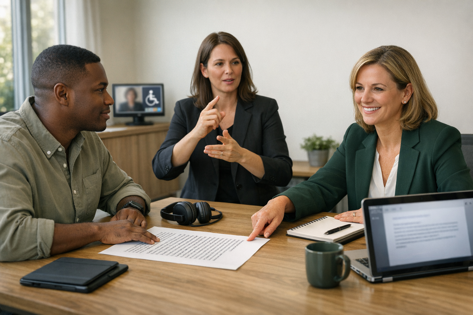 Gestora, candidata e intérprete de Libras em reunião sobre adaptações comunicacionais para um processo seletivo; documento em fonte ampliada e laptop com opção de acessibilidade na tela.