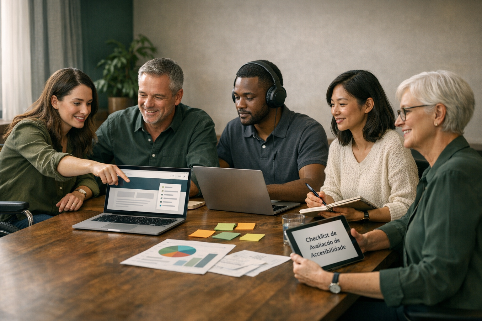 Equipe diversa reunida ao redor de uma mesa em sala iluminada por janela, planejando avaliação de acessibilidade digital: cinco profissionais interagem com laptops, tablet e papéis; uma pessoa em cadeira de rodas participa ativamente; outra usa fone de ouvido (uso de leitor de tela). Tablet mostra o título curto “Checklist de Avaliação de Acessibilidade”. Foco na colaboração, documento e dispositivos, com luz natural e paleta sóbria.