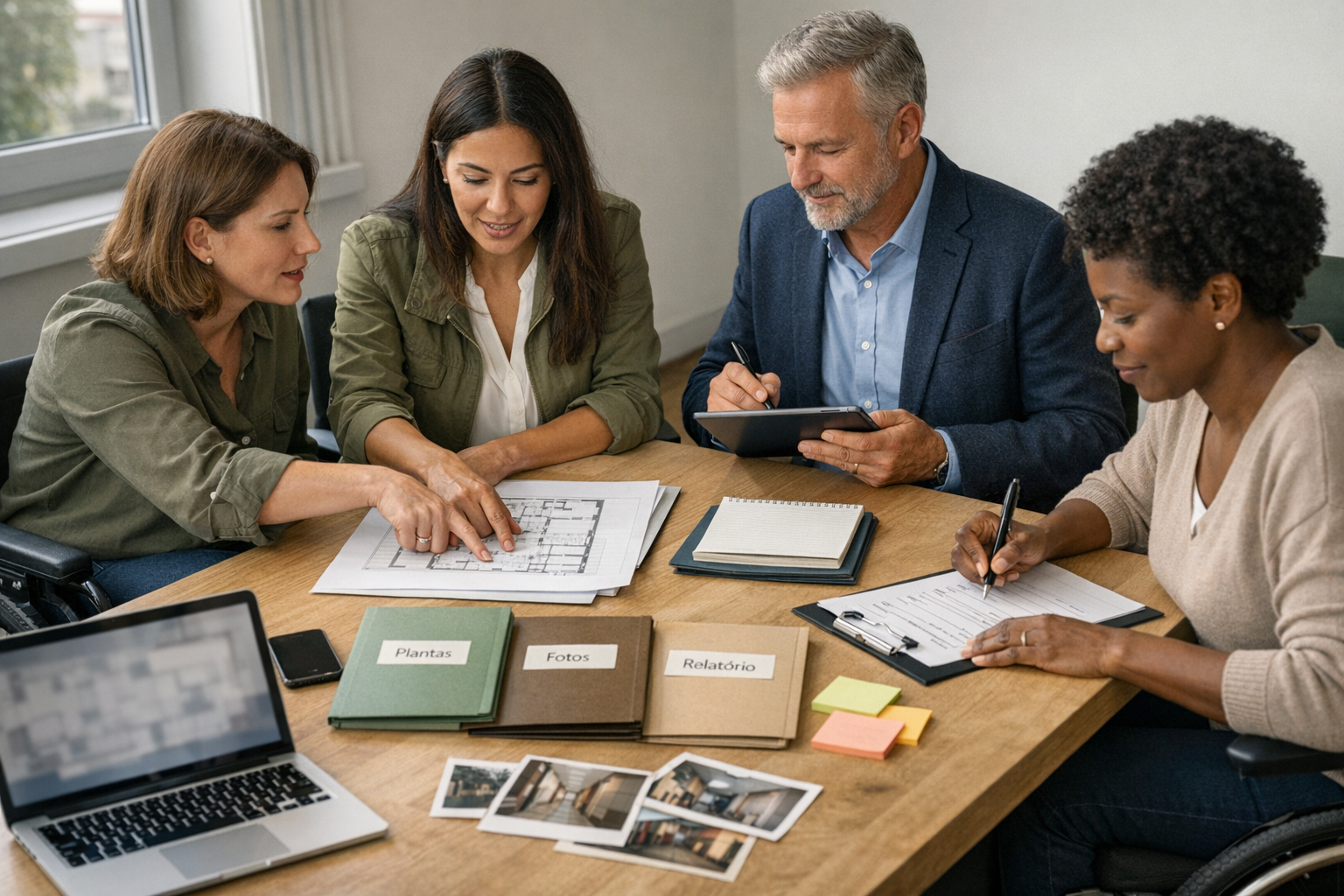 Quatro profissionais em reunião de briefing sobre acessibilidade: mesa com pastas rotuladas “Plantas”, “Fotos” e “Relatório”, laptop com planta borrada, fotografias impressas, post‑its e anotações; diversidade visível entre os participantes, inclusive pessoa em cadeira de rodas, em sala iluminada por luz natural.