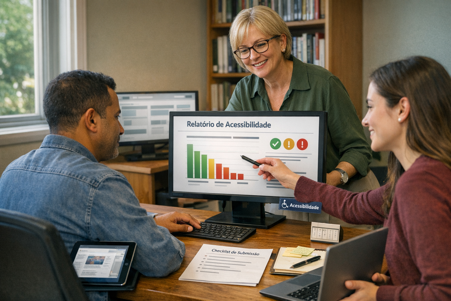 Equipe diversa em sala de repositório universitário revisando relatório de acessibilidade exibido em um monitor; mesa com checklist de submissão, tablet com PDF e o autor conversando com a equipe.