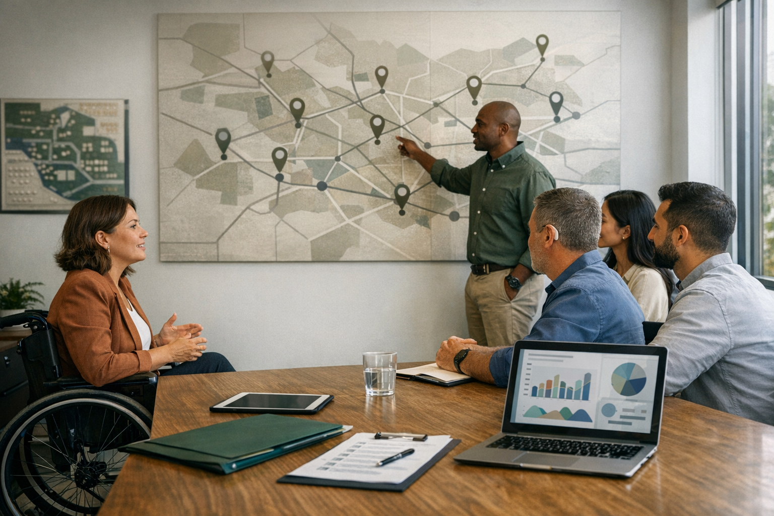 Reunião de um grupo diverso de profissionais em uma sala de reunião, discutindo um mapa mural que mostra várias unidades conectadas; uma pessoa em cadeira de rodas participa ativamente. Mesa com laptop e documentos; ambiente claro e colaborativo. Ilustração gerada por IA.