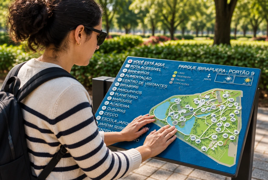 Mulher explora com as mãos um mapa tátil azul instalado em um parque arborizado.