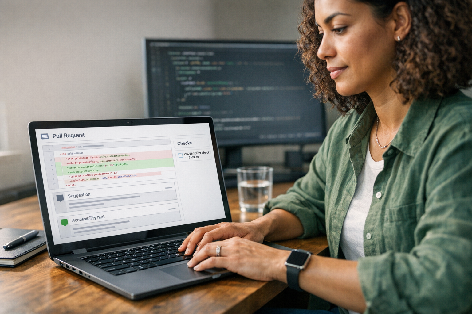 Desenvolvedor(a) em mesa de trabalho olhando para laptop: tela mostra uma revisão de pull request com trechos de código e sugestões inline marcadas como dicas de acessibilidade; ambiente de escritório com segunda tela e luz natural.