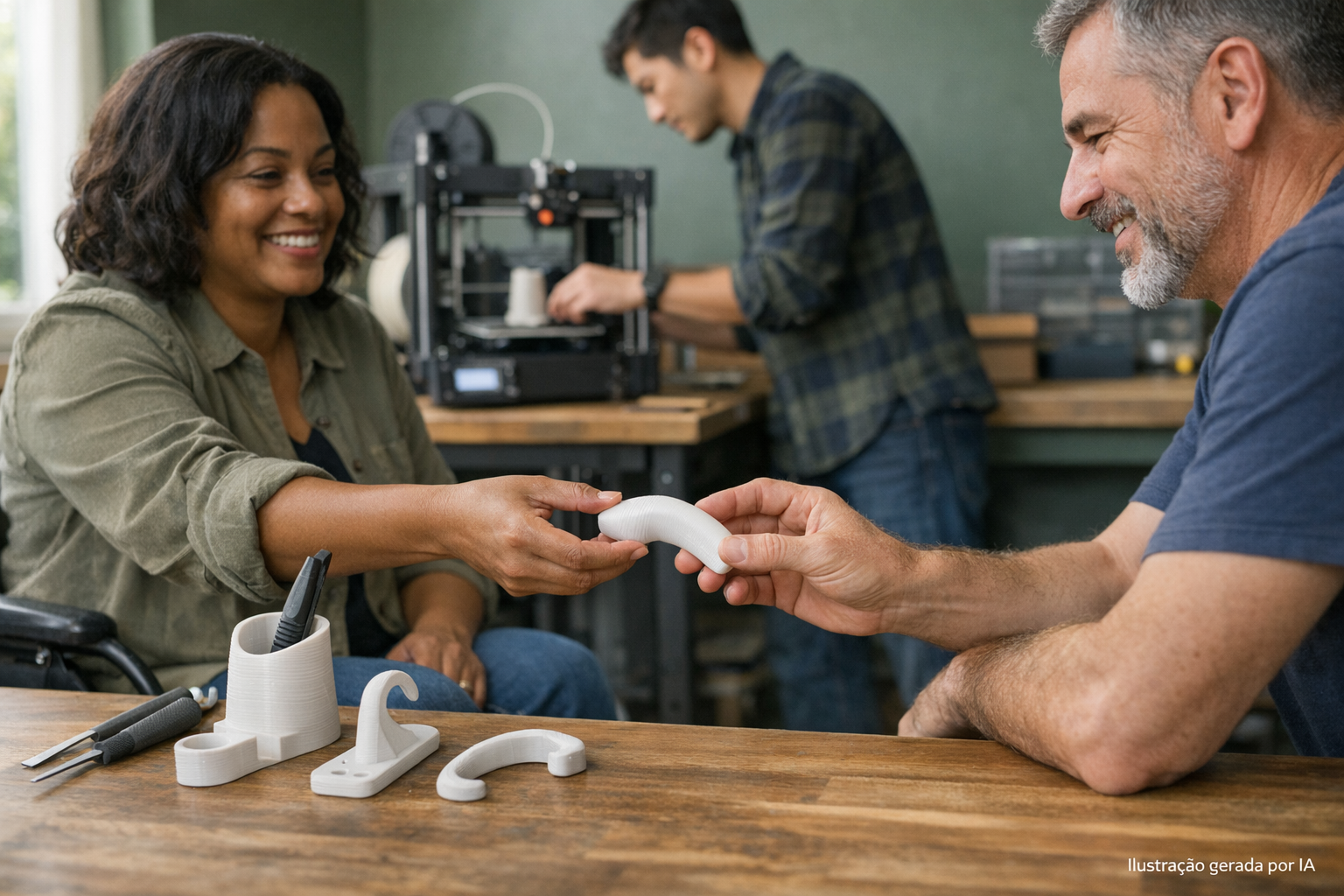Oficina de co‑criação com três pessoas colaborando: uma pessoa em cadeira de rodas recebe um protótipo 3D das mãos de um(a) técnico(a) enquanto outro(a) ajusta uma impressora 3D ao fundo; na bancada há vários objetos impressos prototípicos. Cena iluminada por janela, fotorrealista, sem logotipos ou braille. Texto discreto no rodapé: "Ilustração gerada por IA".