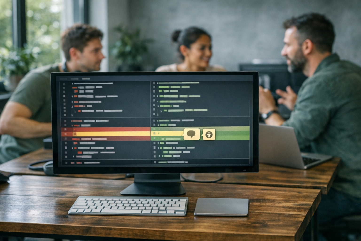 Dois desenvolvedores revisam um pull request em um monitor grande que mostra um diff de código com uma linha destacada e caixas de comentário genéricas indicando sugestões de acessibilidade; ambiente de escritório moderno, luz natural, foco no monitor e nas mãos sobre o teclado, aparência fotorrealista.