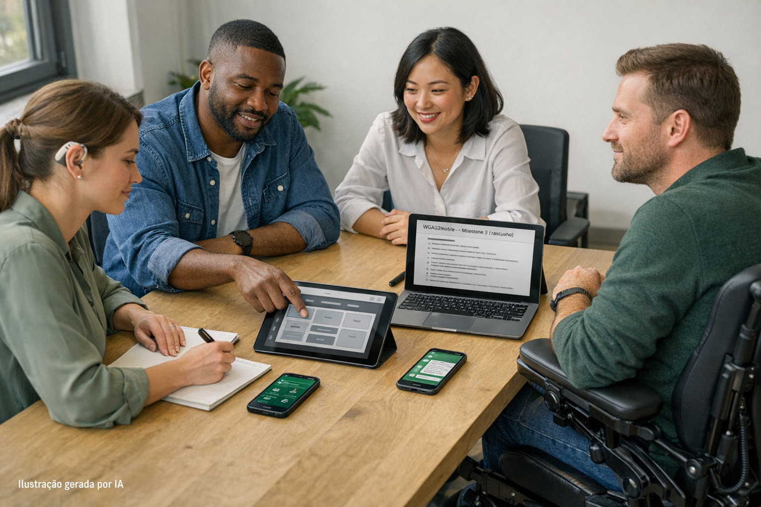 Sala de reunião com quatro profissionais diversos reunidos em torno de uma mesa, com smartphones, tablet e laptop mostrando protótipos de interfaces; uma participante em cadeira de rodas aponta para o tablet enquanto outra faz anotações. A cena, em luz natural, sugere discussão técnica sobre acessibilidade móvel. Canto inferior esquerdo: ‘Ilustração gerada por IA’.