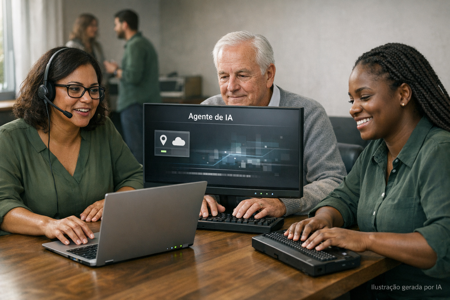 Cena fotorrealista: equipe diversa em um escritório acessível usando um laptop neutro com uma interface abstrata de "agente de IA"; uma pessoa usa fones para falar com o computador, outra usa monitor ampliado e uma terceira lê por um display braille tátil. Ambiente com luz de janela, paleta verde profunda e neutros; sem logotipos. Legenda discreta no canto: "Ilustração gerada por IA".